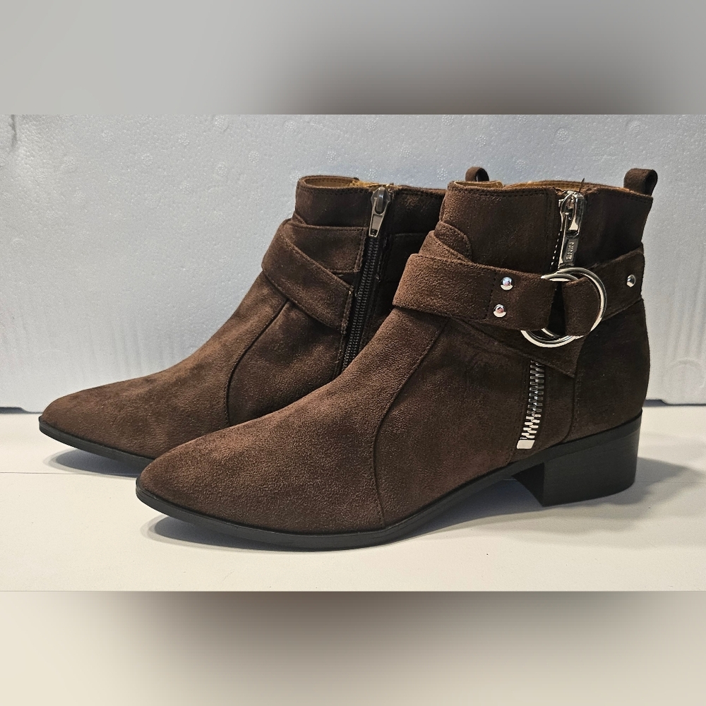 NINE WEST • Brown Dahila Faux Suede Buckle Pointed Toe Ankle Boots Sz 8